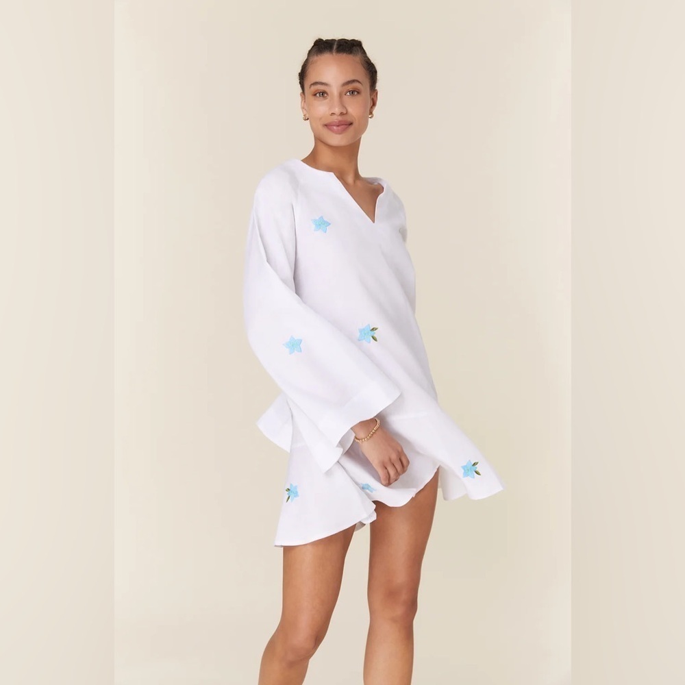 NWT $259 FANM MON x ANDIE The Serik Mini Dress Linen Embroidered Floral White XL